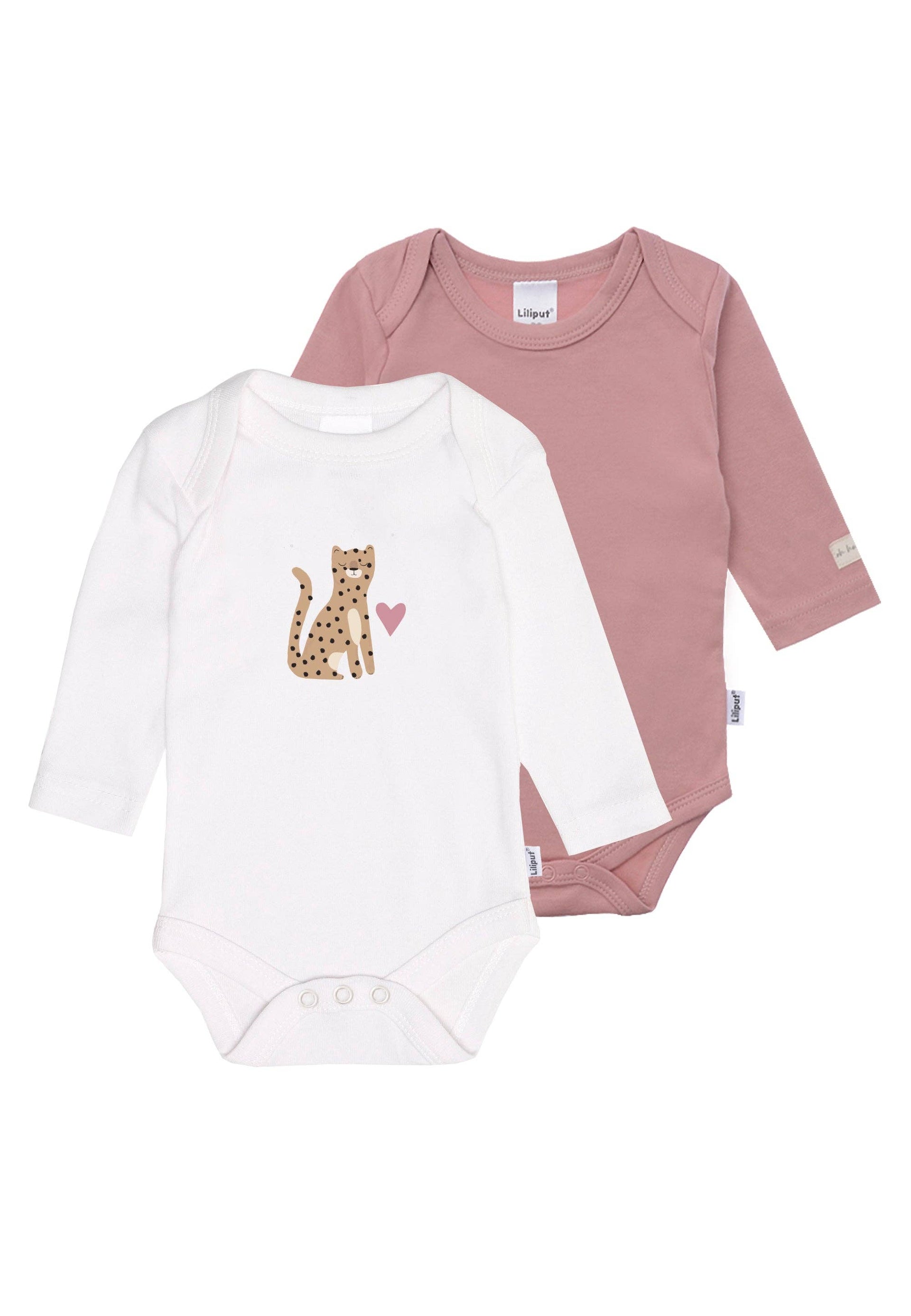 2-pack lange mouwen rompertjes in rozenhout en wit met luipaardprint